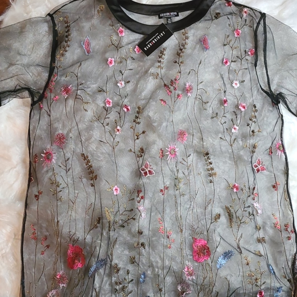 Fashion nova sheer black Top with flowers